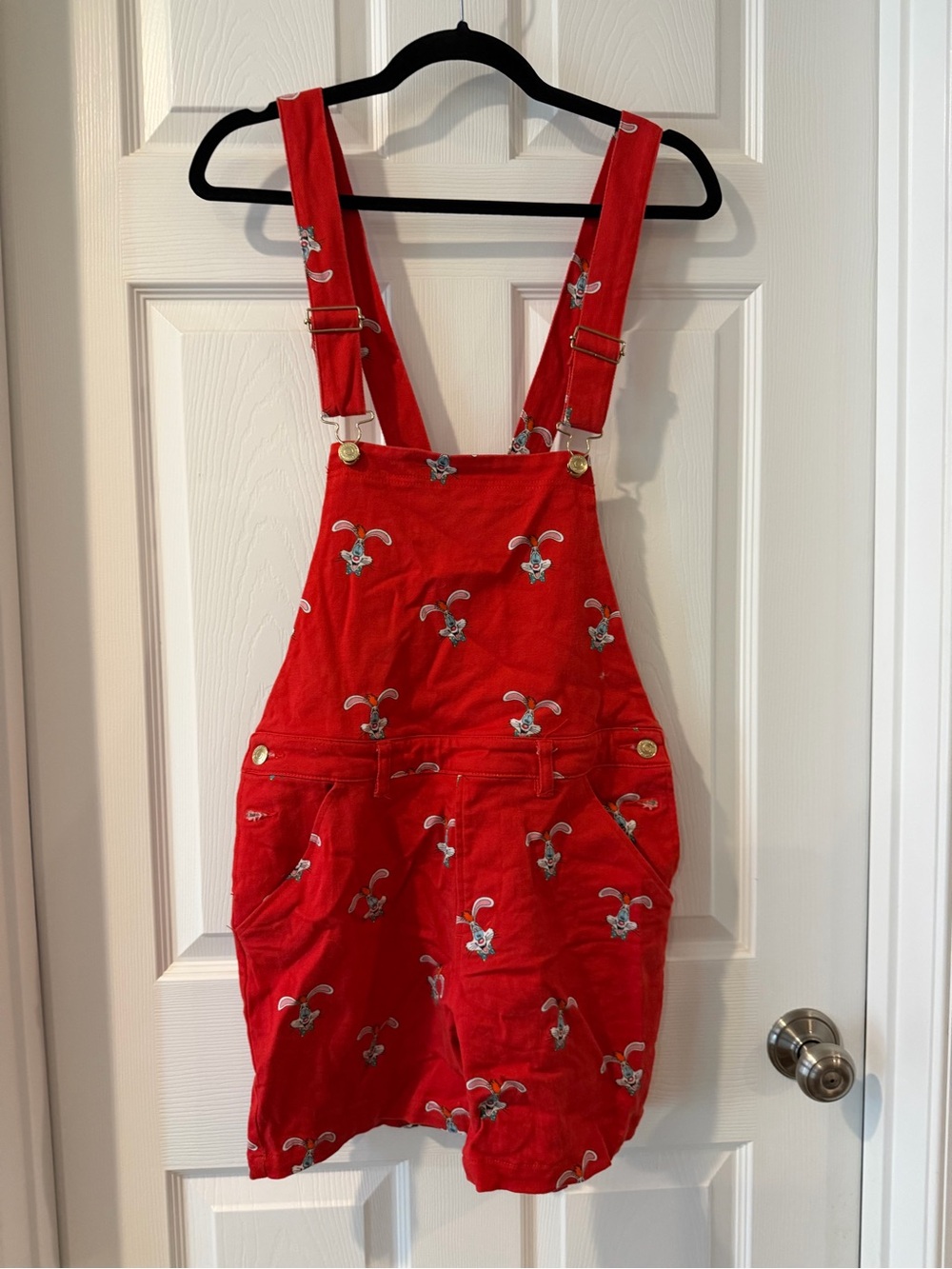 Red Embroidered Cotton Short Overalls Jumpsuit with Roger Rabbit